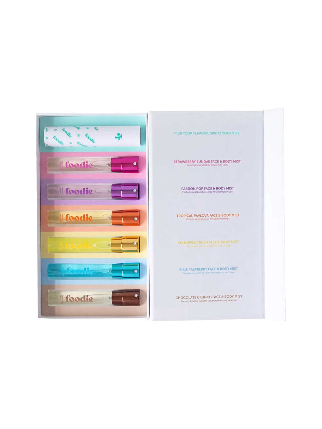 Foodie Sweet Spritz Mist Kit with six face and body mists in open box on white