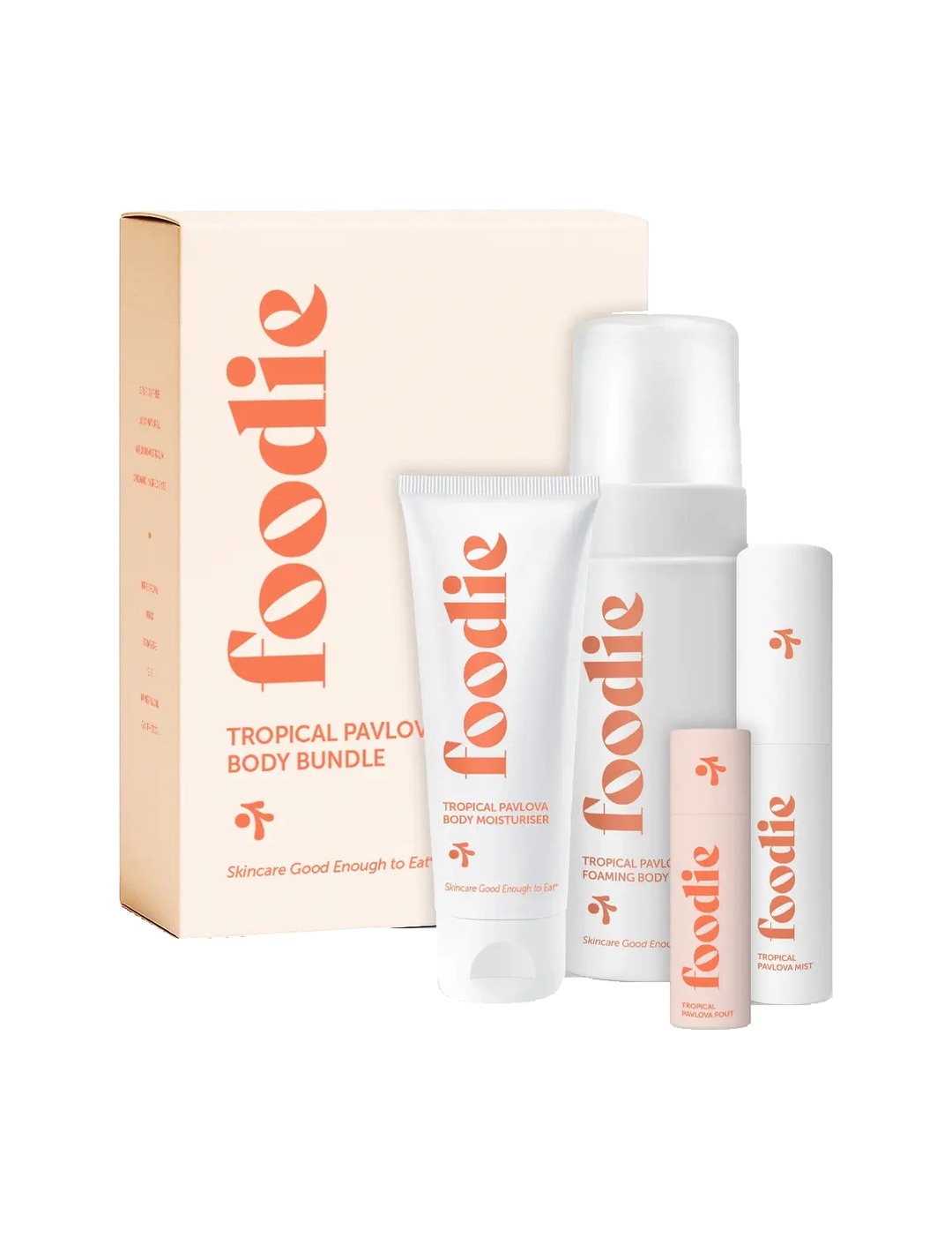 Foodie Tropical Pavlova Body Bundle 4pc, gift box and four products on a white background.