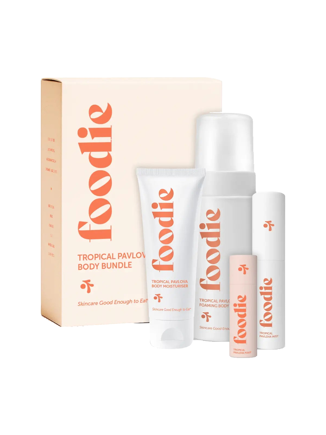Foodie Tropical Pavlova Body Bundle 4pc, gift box and four products on a white background.