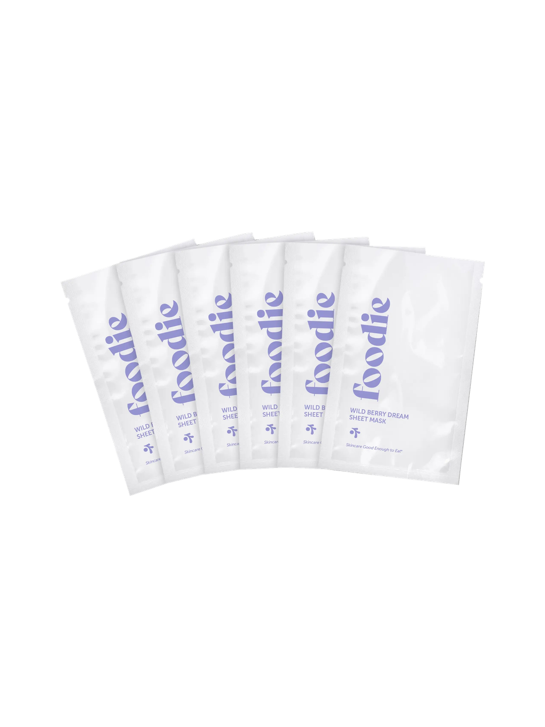 Foodie Wild Berry Dream Sheet Mask 6-Pack, showing six white individual sachets arranged in a fan, with purple Foodie logos and Wild Berry Dream labels on a plain white background.