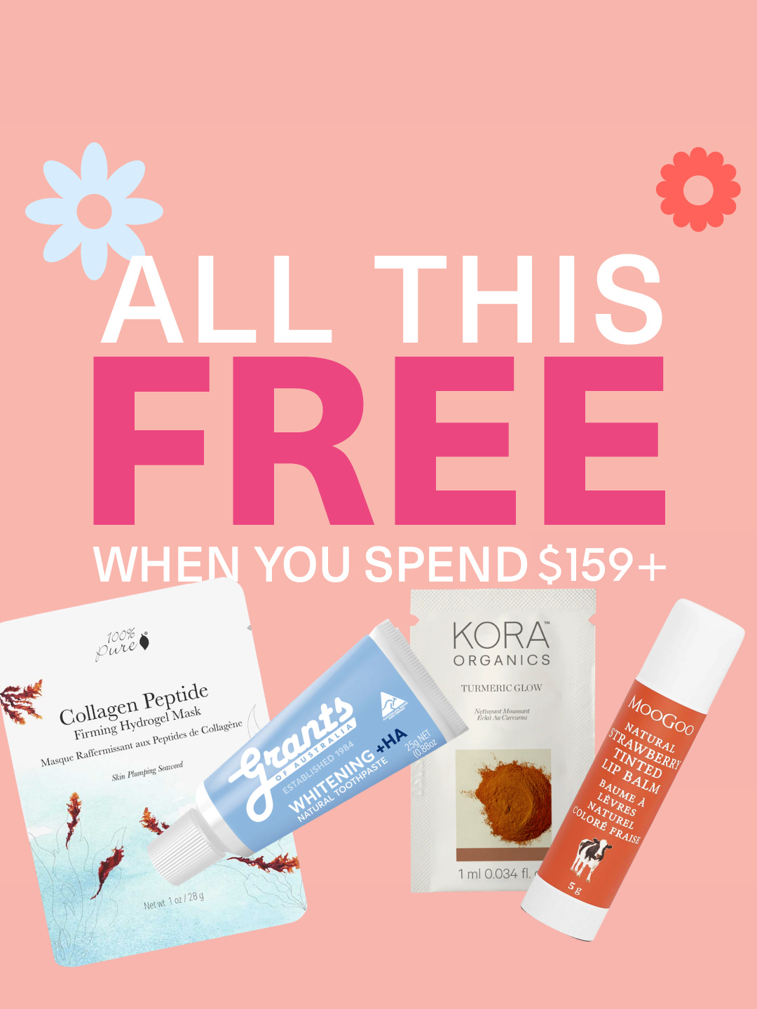 A Clean Nectarine FREE Sample Box (auto-added to your order) is displayed on a pink background with text: "ALL THIS FREE WHEN YOU SPEND $159+".