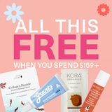 A Clean Nectarine FREE Sample Box (auto-added to your order) is displayed on a pink background with text: "ALL THIS FREE WHEN YOU SPEND $159+".