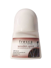 White Fresca Wooden Spice roll-on deodorant bottle with a tall domed cap, flared base and brown label featuring a dark circular photograph of branches.