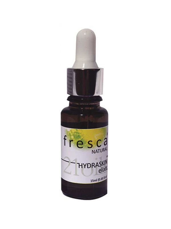 A small dark glass dropper bottle labeled Fresca Natural Hydraskin Elixir, 30ml, with a white and silver dropper cap.