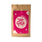 Kraft paper packaging with a pink label featuring 'Oh Gigii' on a white background