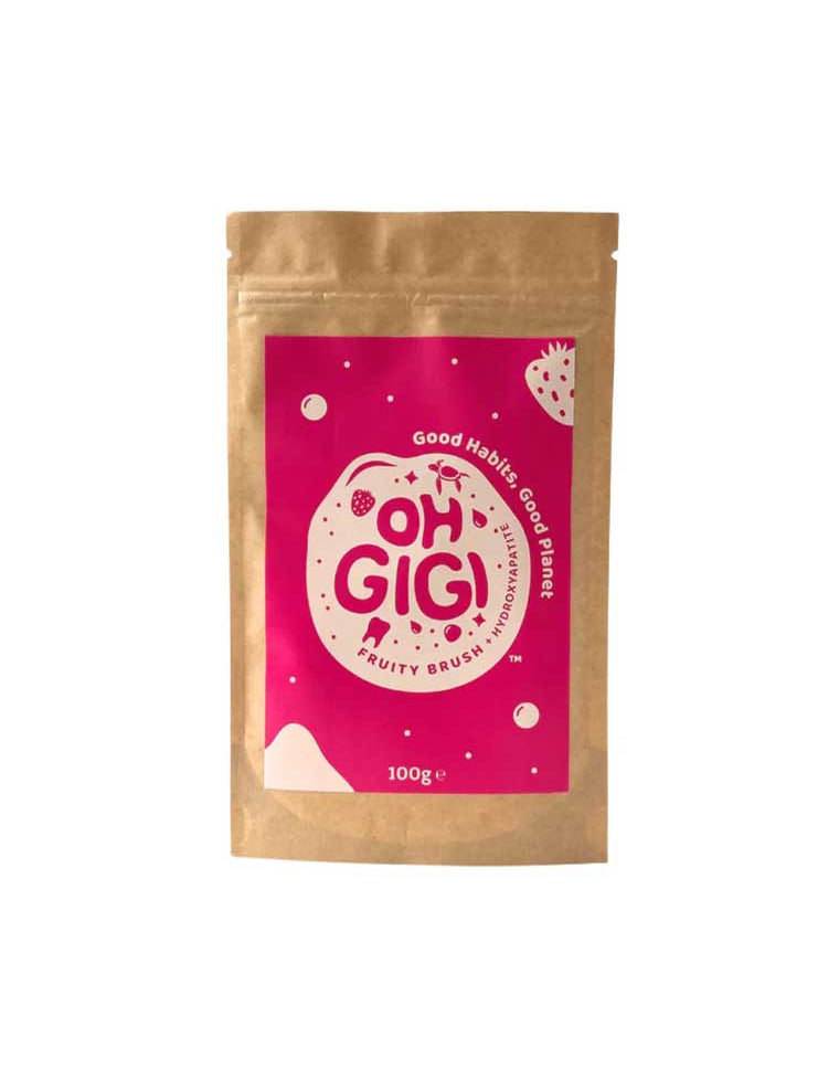 Kraft paper packaging with a pink label featuring 'Oh Gigii' on a white background