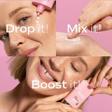 Weleda Glow Perfecting Serum Booster Drops applied directly, mixed with face cream and held against glowing skin