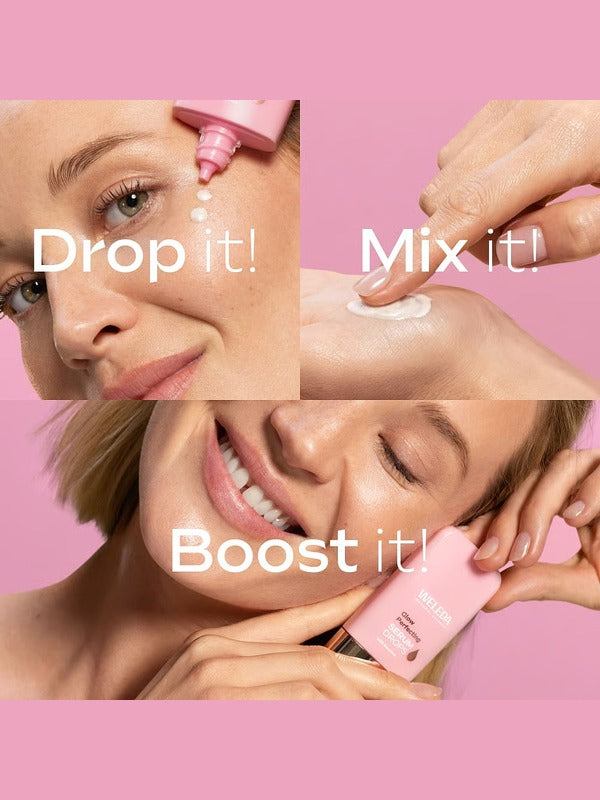 Weleda Glow Perfecting Serum Booster Drops applied directly, mixed with face cream and held against glowing skin