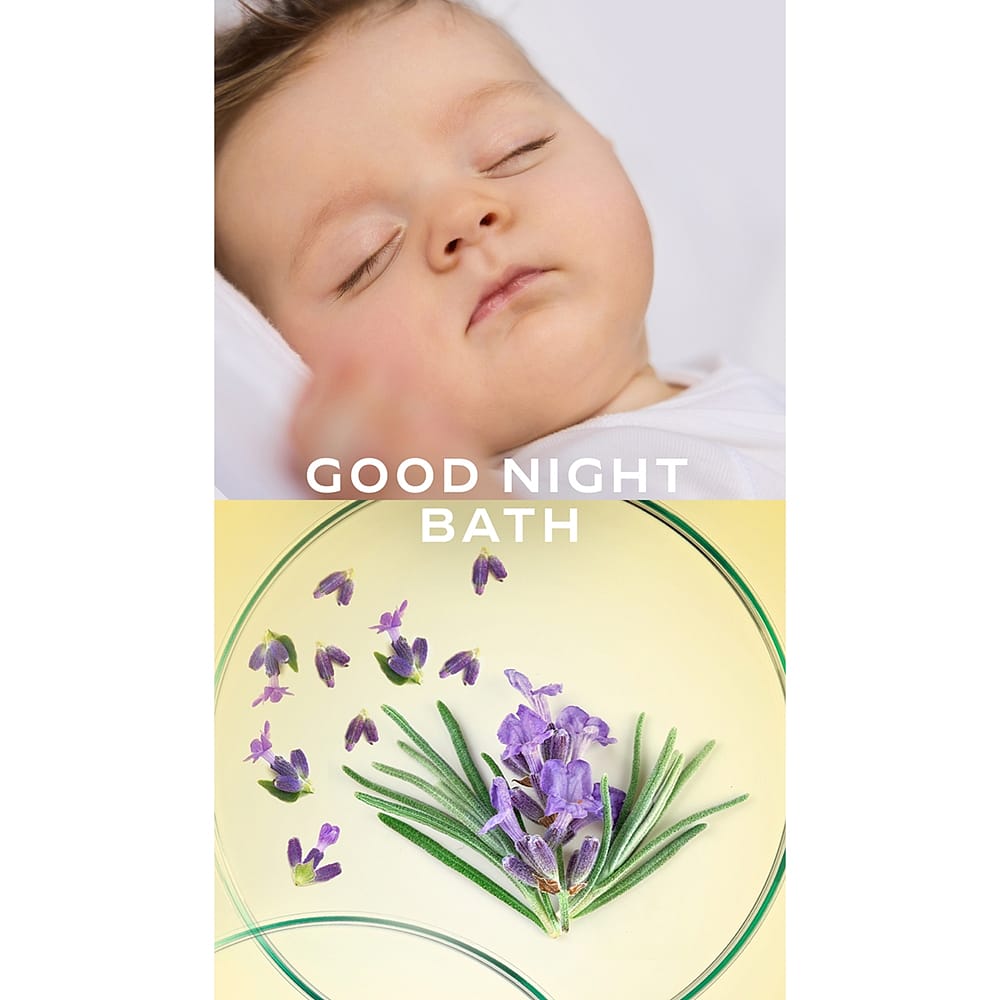 Calendula Good Night Bath baby sleeping and lavender plant.