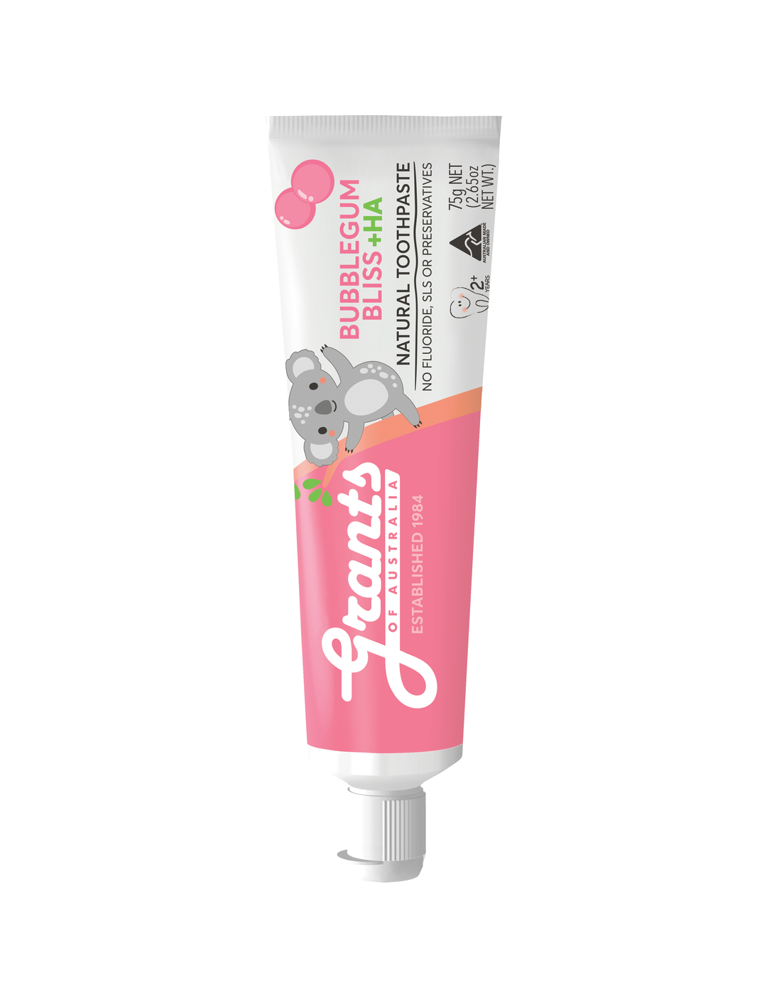 Pink and white Grants Kids Bubblegum Bliss +HA 75g toothpaste tube with a koala illustration, standing vertically with its white cap down on a pure white background.