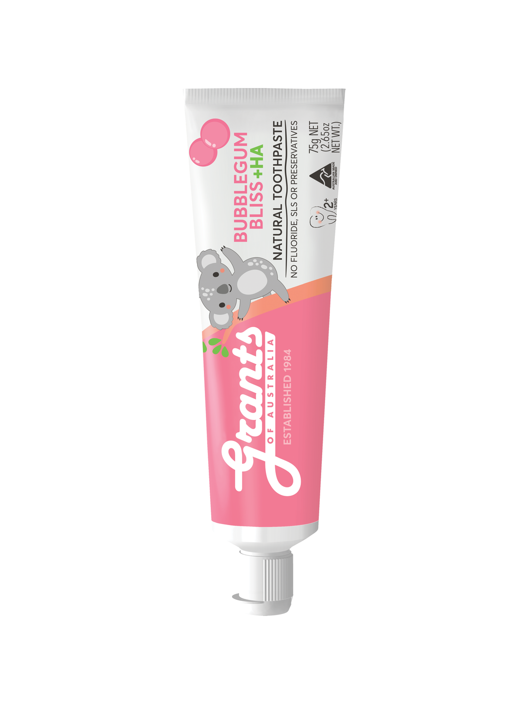 Pink and white Grants Kids Bubblegum Bliss +HA 75g toothpaste tube with a koala illustration, standing vertically with its white cap down on a pure white background.