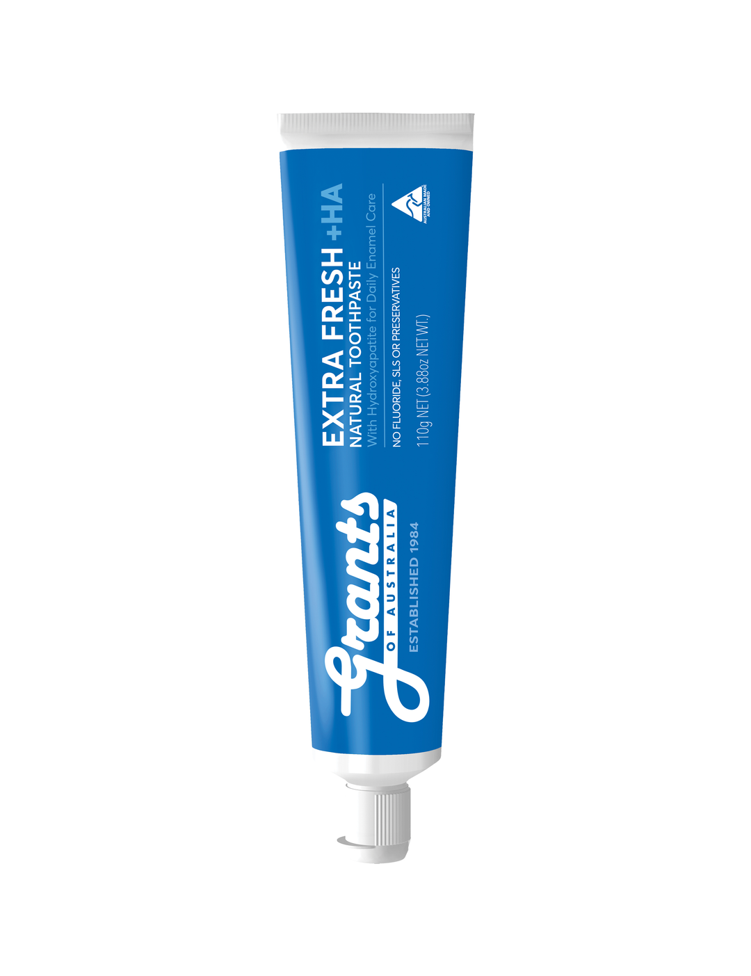 Blue Grants Extra Fresh +HA natural hydroxyapatite toothpaste 110g tube standing vertically with its white cap down on a pure white background.