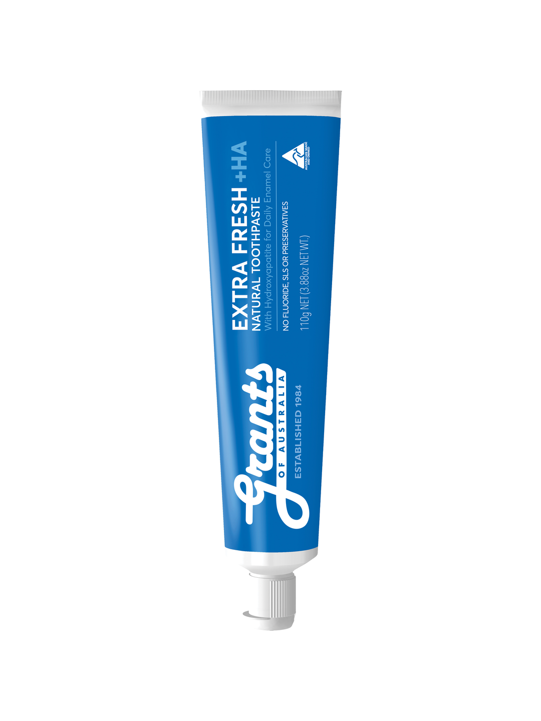 Blue Grants Extra Fresh +HA natural hydroxyapatite toothpaste 110g tube standing vertically with its white cap down on a pure white background.