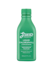 Grants Liquid Chlorophyll 500ml is a green bottle featuring Spearmint Flavoured Alfalfa Extract and "Greenergize Your Day" on the label, an ideal wholefood supplement for daily wellness.