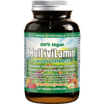 Amber Green Nutritionals Vegan Multivitamin bottle with a silver screw lid, a green label with fruit and vegetable illustrations, and large outlined Multivitamin lettering.