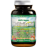 Amber Green Nutritionals Vegan Multivitamin bottle with a silver screw lid, a green label with fruit and vegetable illustrations, and large outlined Multivitamin lettering.