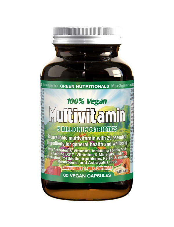 Amber Green Nutritionals Vegan Multivitamin bottle with a silver screw lid, a green label with fruit and vegetable illustrations, and large outlined Multivitamin lettering.