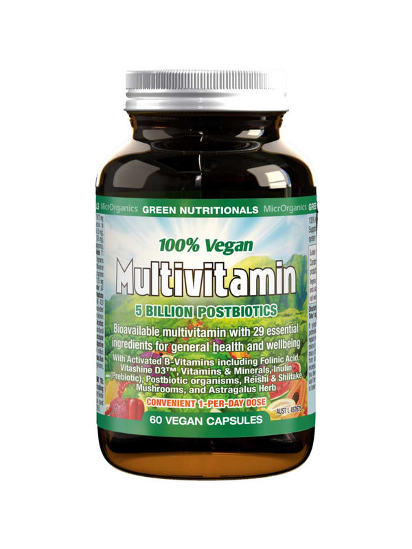 Amber Green Nutritionals Vegan Multivitamin bottle with a silver screw lid, a green label with fruit and vegetable illustrations, and large outlined Multivitamin lettering.