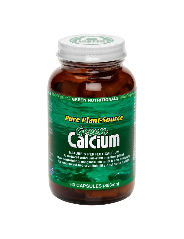 Amber Green Nutritionals Green Calcium bottle with a silver screw lid and a deep green label with a rippling-water design and large white Calcium lettering.