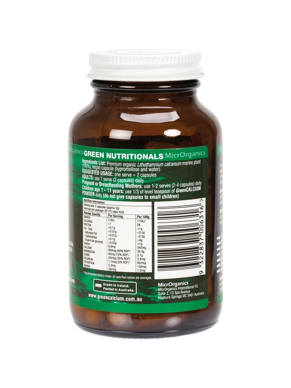Green Nutritionals Green Calcium Plant Source 60 Capsules back