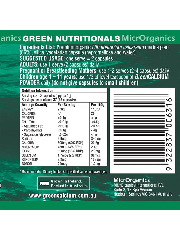 Green Nutritionals Green Calcium Plant Source 60 Capsules full label