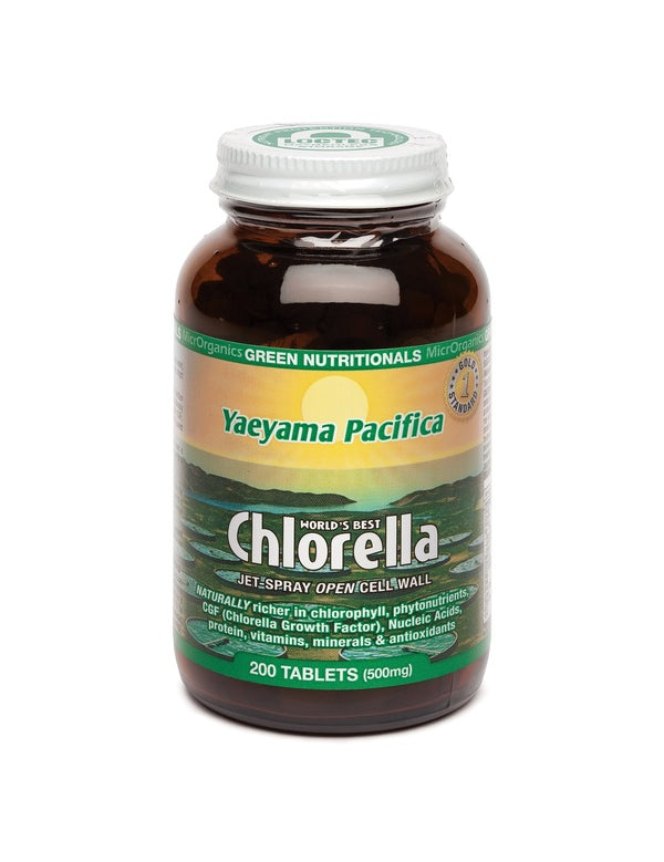 Amber Green Nutritionals Yaeyama Pacifica Chlorella bottle with a silver screw lid and a green label showing ocean water beneath a yellow sky, with large white Chlorella lettering.
