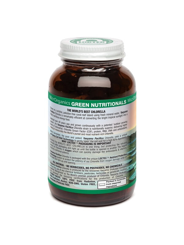 Green Nutritionals Yaeyama Pacifica Chlorella 200 Tablets angled label view