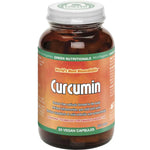 A brown bottle labeled Green Nutritionals Curcumin 30 Caps contains 30 vegan capsules. Orange and green branding promotes benefits such as reducing free radicals, inflammation, and joint pain for holistic wellness.