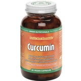 A brown bottle labeled Green Nutritionals Curcumin 30 Caps contains 30 vegan capsules. Orange and green branding promotes benefits such as reducing free radicals, inflammation, and joint pain for holistic wellness.