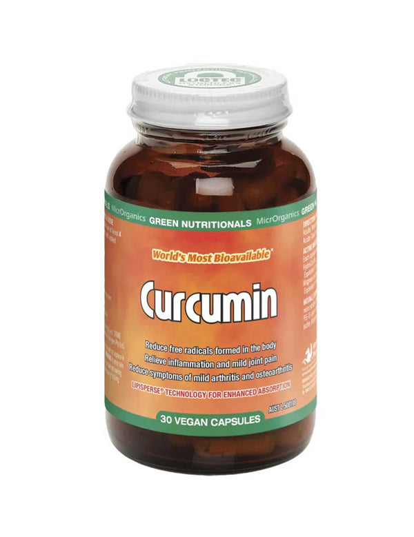 A brown bottle labeled Green Nutritionals Curcumin 30 Caps contains 30 vegan capsules. Orange and green branding promotes benefits such as reducing free radicals, inflammation, and joint pain for holistic wellness.