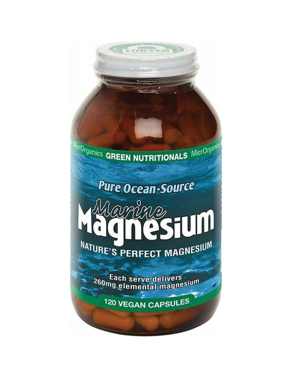 Green Nutritionals Marine Magnesium 260mg 120 Caps provides 120 vegan capsules in blue and green packaging, featuring ocean-sourced, natural magnesium for bioavailability, with each serving delivering 260mg of marine magnesium.