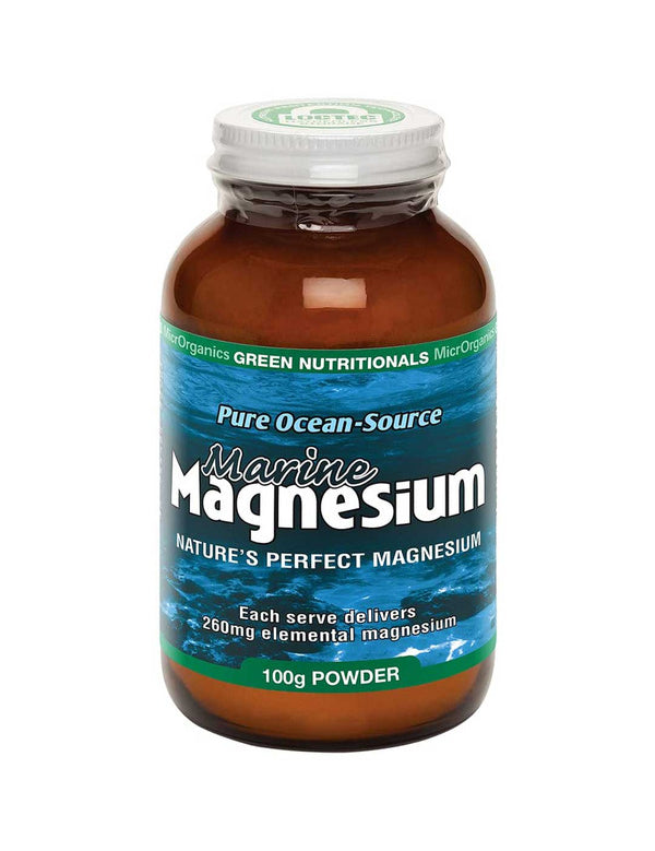 Green Nutritionals Marine Magnesium Powder 260mg 100g comes in a brown jar with a blue and green label, providing bioavailable, ocean-sourced magnesium. Each serve delivers 260mg elemental magnesium as a natural supplement.