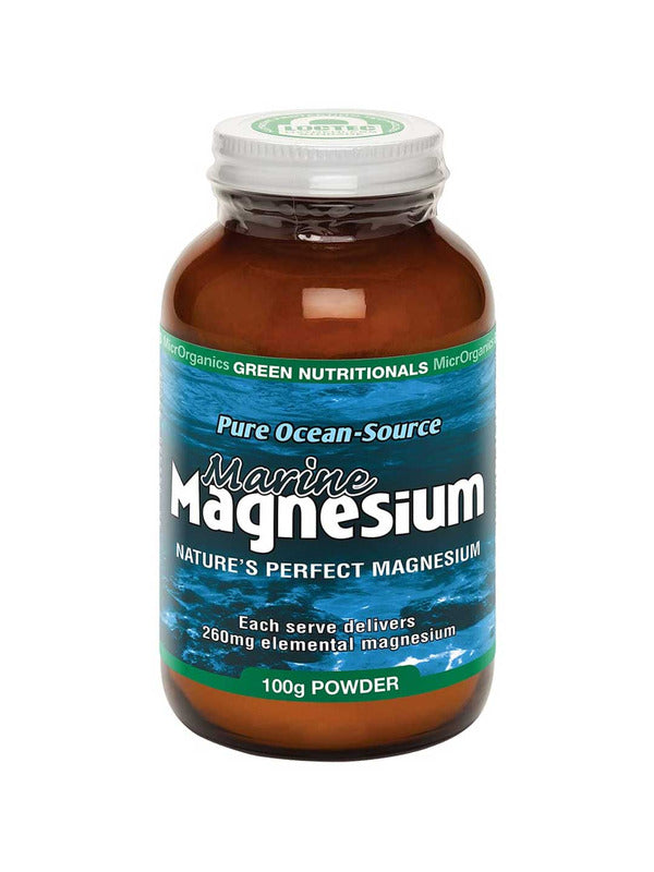 Green Nutritionals Marine Magnesium Powder 260mg 100g comes in a brown jar with a blue and green label, providing bioavailable, ocean-sourced magnesium. Each serve delivers 260mg elemental magnesium as a natural supplement.