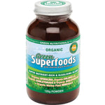 Amber Green Nutritionals Organic Green Superfoods powder jar with a silver screw lid and a green-and-blue label depicting grass, sky and large white Superfoods lettering.