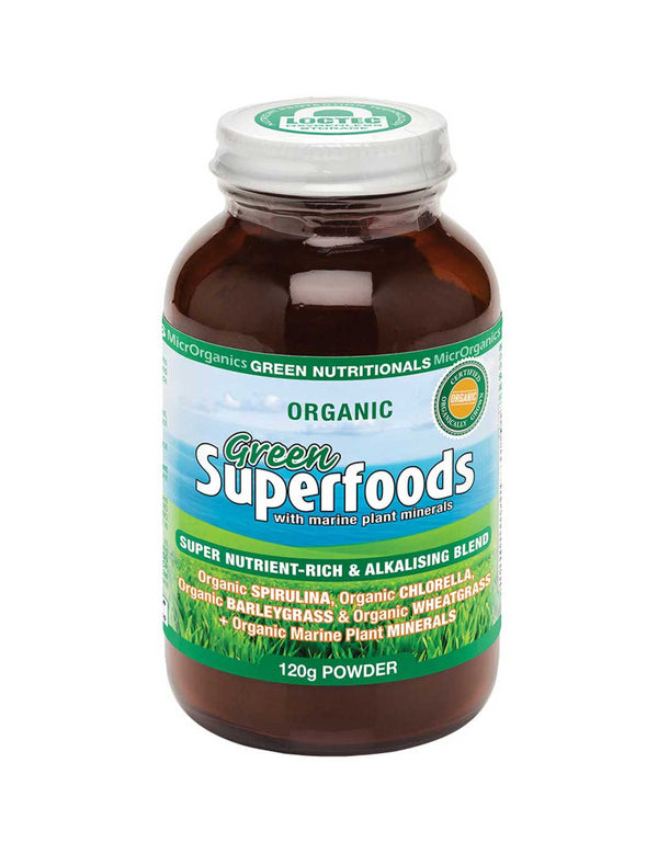 Amber Green Nutritionals Organic Green Superfoods powder jar with a silver screw lid and a green-and-blue label depicting grass, sky and large white Superfoods lettering.