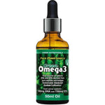 A 50ml amber dropper bottle labeled Green Nutritionals Pure Plant-Source Omega3, with green molecular graphics and text highlighting vegan DHA and EPA from marine microalgae oil.