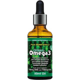 A 50ml amber dropper bottle labeled Green Nutritionals Pure Plant-Source Omega3, with green molecular graphics and text highlighting vegan DHA and EPA from marine microalgae oil.
