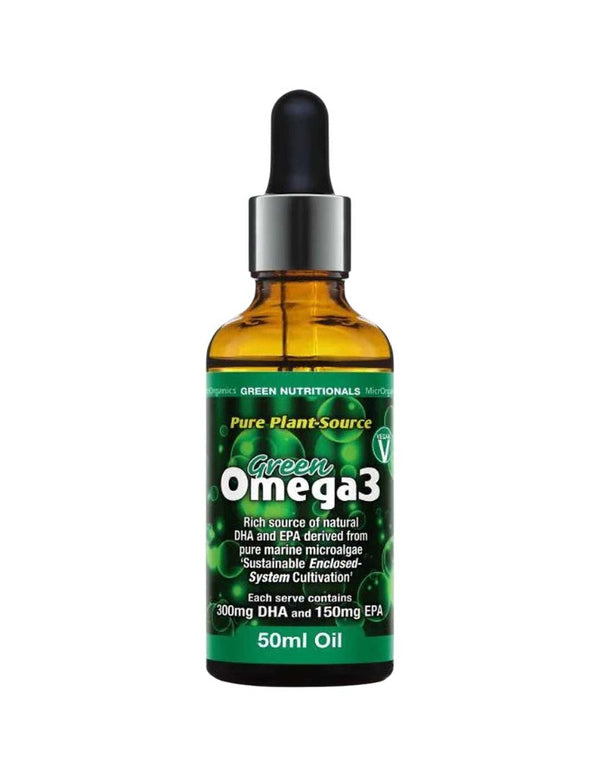 A 50ml amber dropper bottle labeled Green Nutritionals Pure Plant-Source Omega3, with green molecular graphics and text highlighting vegan DHA and EPA from marine microalgae oil.