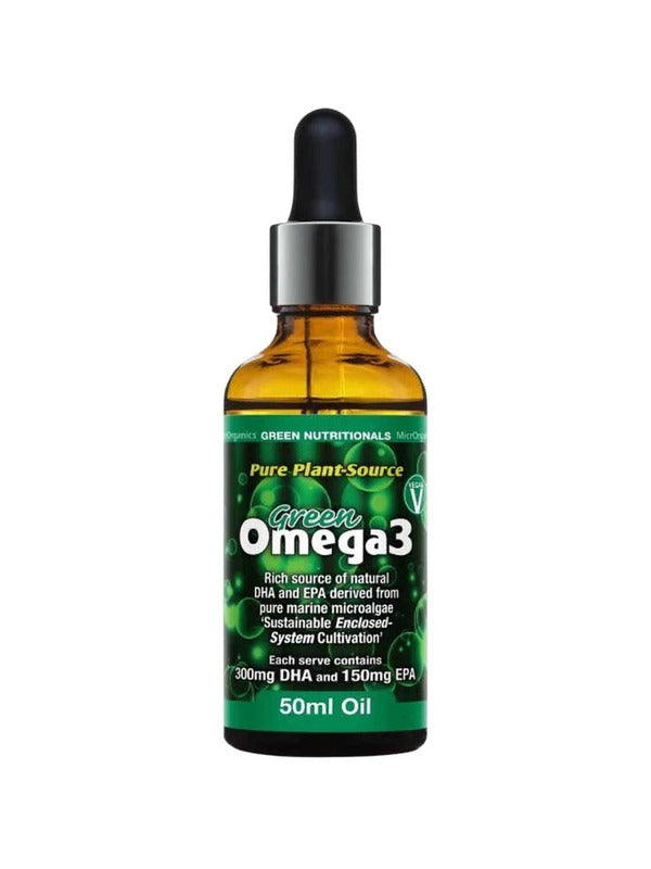 A 50ml amber dropper bottle labeled Green Nutritionals Pure Plant-Source Omega3, with green molecular graphics and text highlighting vegan DHA and EPA from marine microalgae oil.