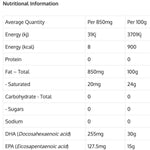 The nutrition table for Green Nutritionals Pure Plant-Source Omega3 50ml lists values per 850mg and per 100g, energy, protein, fat, carbs, sodium, and plant-based omega-3s (DHA/EPA). Only fat and vegan omega-3s have significant amounts; others are zero.