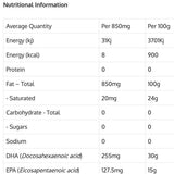 The nutrition table for Green Nutritionals Pure Plant-Source Omega3 50ml lists values per 850mg and per 100g, energy, protein, fat, carbs, sodium, and plant-based omega-3s (DHA/EPA). Only fat and vegan omega-3s have significant amounts; others are zero.