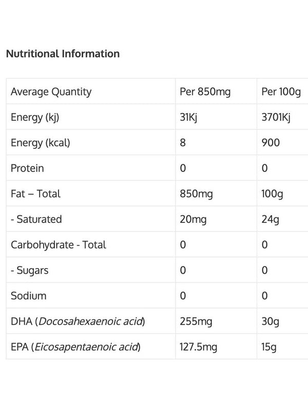 The nutrition table for Green Nutritionals Pure Plant-Source Omega3 50ml lists values per 850mg and per 100g, energy, protein, fat, carbs, sodium, and plant-based omega-3s (DHA/EPA). Only fat and vegan omega-3s have significant amounts; others are zero.