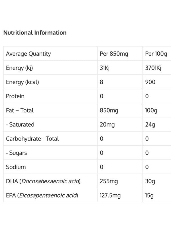 The nutrition table for Green Nutritionals Pure Plant-Source Omega3 50ml lists values per 850mg and per 100g, energy, protein, fat, carbs, sodium, and plant-based omega-3s (DHA/EPA). Only fat and vegan omega-3s have significant amounts; others are zero.