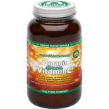 A brown glass jar with a white lid labeled Green Nutritionals Pure Plant-Source Organic Vitamin C Powder 100g in green and orange text. The label highlights its organic, pure, plant-sourced vitamin C content.