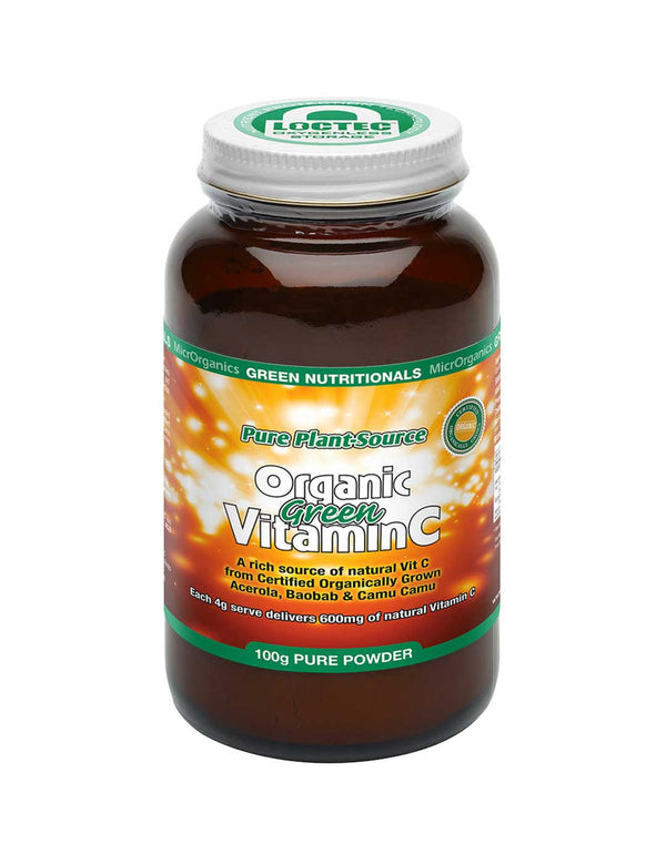 A brown glass jar with a white lid labeled Green Nutritionals Pure Plant-Source Organic Vitamin C Powder 100g in green and orange text. The label highlights its organic, pure, plant-sourced vitamin C content.