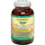 A bottle of Green Nutritionals Pure Plant-Source Vitamin D3 1000 IU + Mushrooms (60 caps) features plant-based, ethically sourced ingredients and a vibrant green and yellow label.