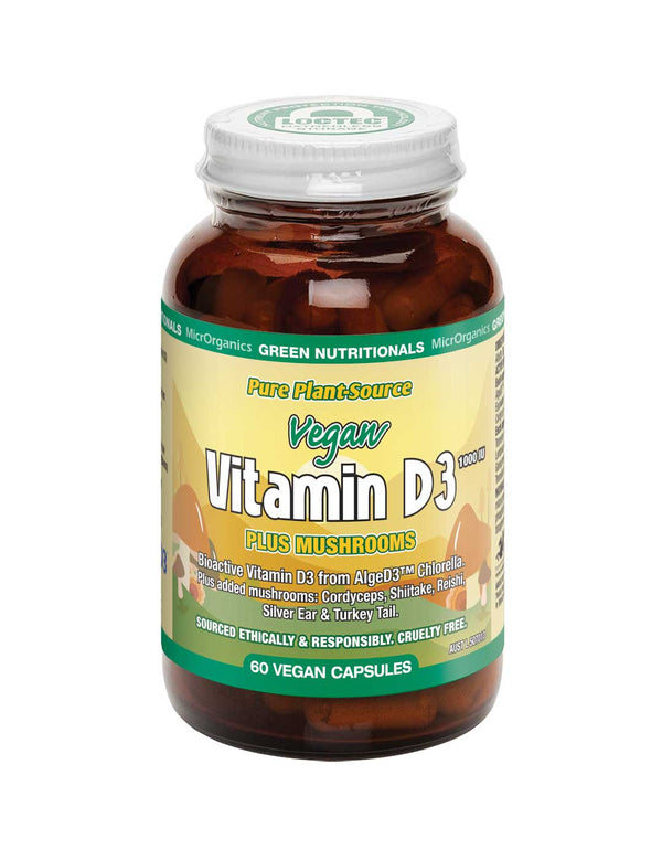 A bottle of Green Nutritionals Pure Plant-Source Vitamin D3 1000 IU + Mushrooms (60 caps) features plant-based, ethically sourced ingredients and a vibrant green and yellow label.