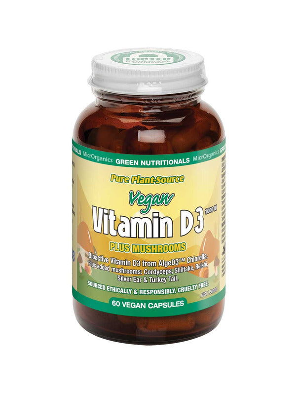 A bottle of Green Nutritionals Pure Plant-Source Vitamin D3 1000 IU + Mushrooms (60 caps) features plant-based, ethically sourced ingredients and a vibrant green and yellow label.