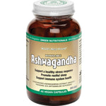 A brown bottle of Green Nutritionals Shoden® Ashwagandha contains 45 vegan capsules. The white label highlights stress support, restorative sleep, and immune health. The cap is white; the brand is MicroOrganics Green Nutritionals.