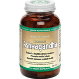 A brown bottle of Green Nutritionals Shoden® Ashwagandha contains 45 vegan capsules. The white label highlights stress support, restorative sleep, and immune health. The cap is white; the brand is MicroOrganics Green Nutritionals.
